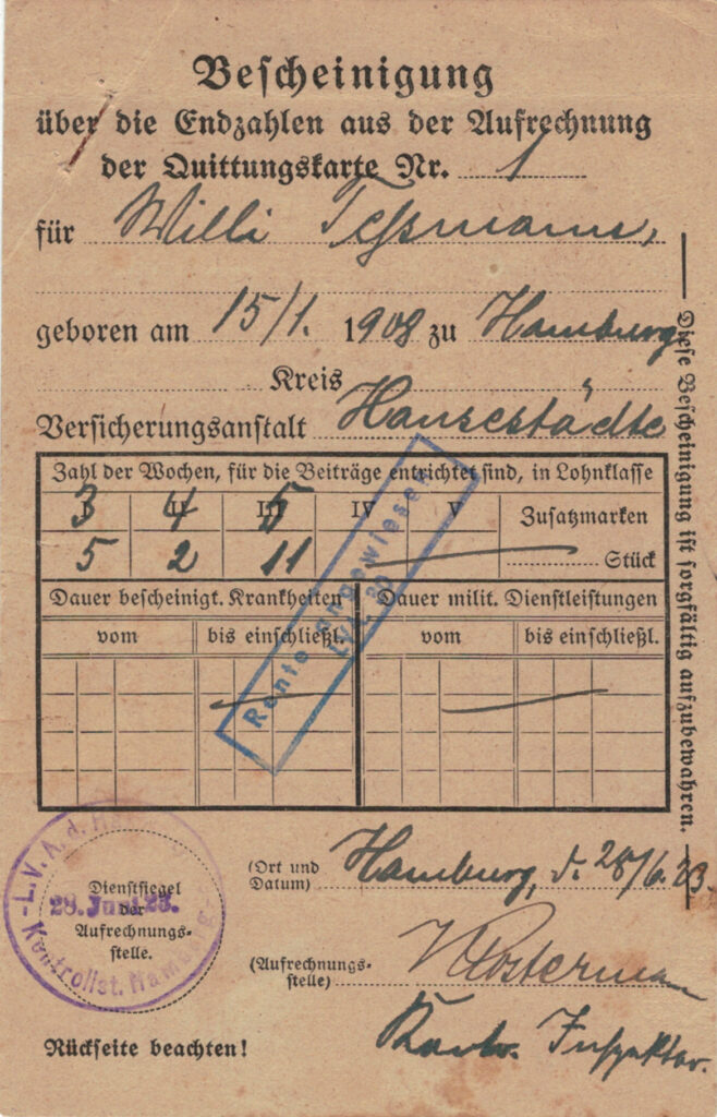 Willi Tessmanns erste Sozialversicherungskarte