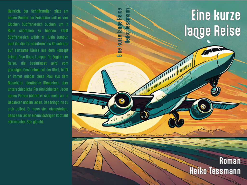 Coverbild zum Roman Eine kurze lange Reise. Vorder- und Rückseite. Illustration eines startenden oder landenden Flugzeugs mit der Sonne im Hintergrund.